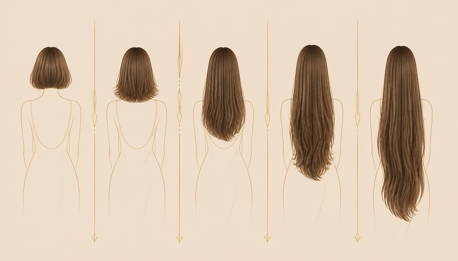 Ilustração comparando os comprimentos de cabelo: P curto, M médio, G longo, GG extra longo e Mega Hair